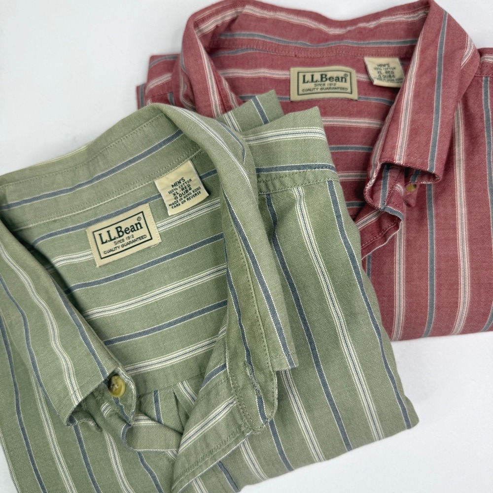 Vtg 90s L.L. Bean Button Down Shirts Mens XL Green Red Striped S/S Lot 2